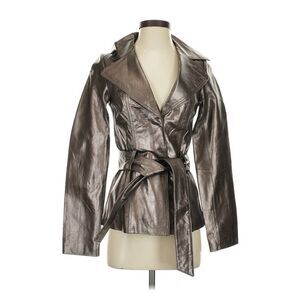 Heart Moon Star Metallic Leather Jacket Silver Belted Moto Jacket S